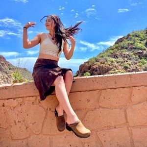 Brown Cabi midi suede skirt size 10